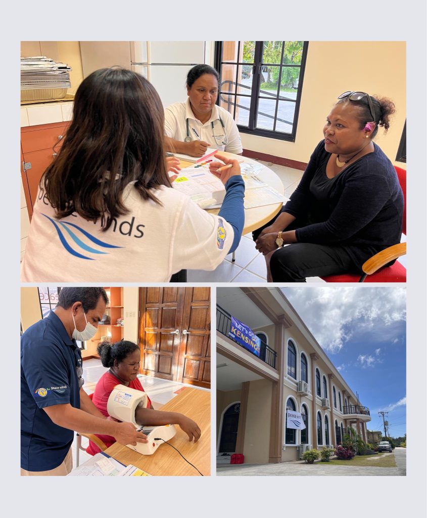 three photo collage of Palauans speaking to nurses, a woman getting her blood pressure checked, and a building with a Peace Winds and "let's go Kensing" banner