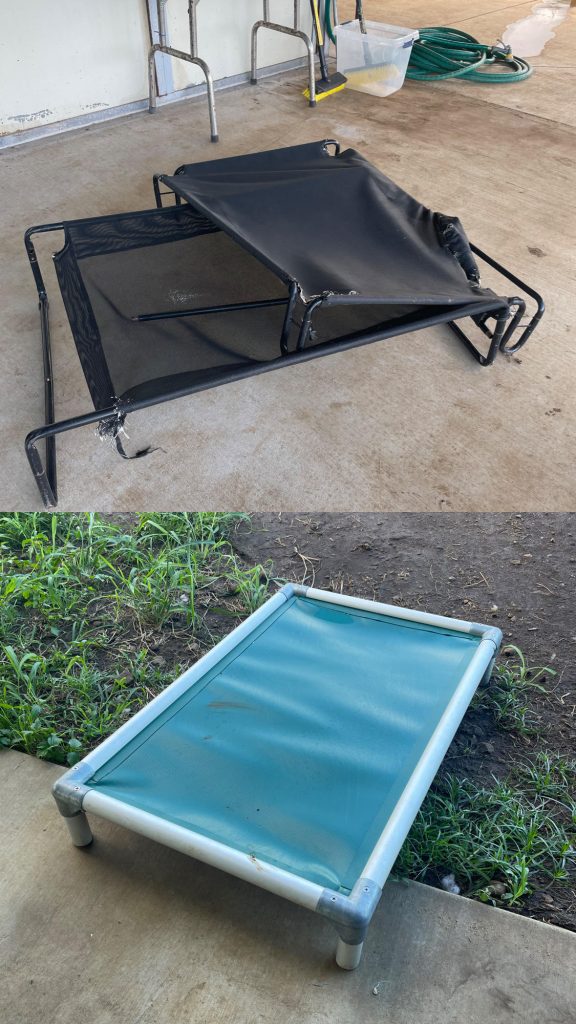 Two photos: a broken black raised dog bed on top and a put-together green raised dog bed on the bottom