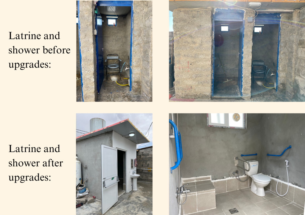 Before and after photos of a dilapidated latrine with a squat toilet followed by a western toilet and a bathroom with new tile and blue handrails
