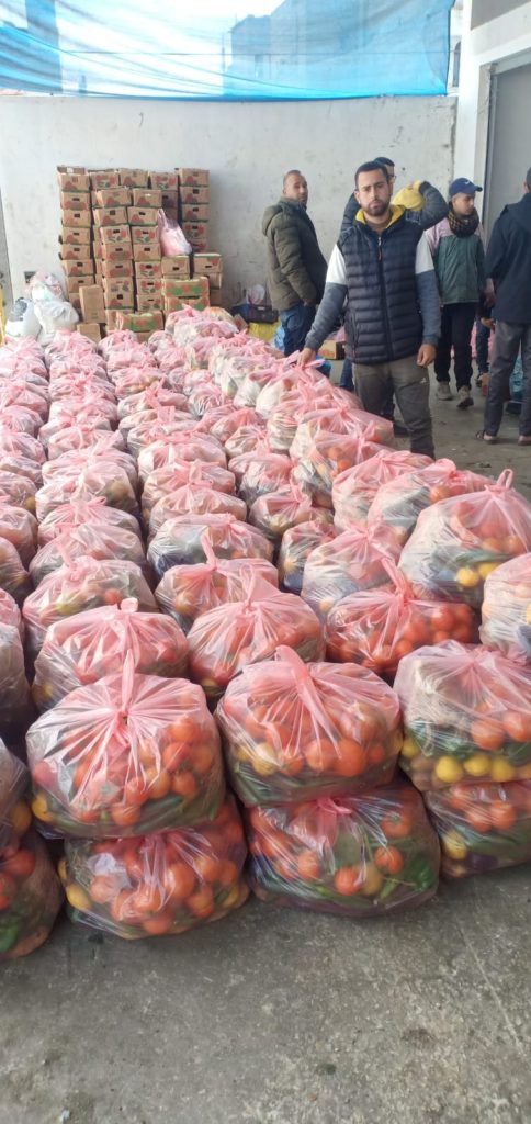 Many rows of plastic bags filled with fruits and vegetables