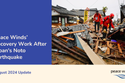 Video thumbnail/graphic cover with blue and off-white rectangles framine a photo of search-and-rescue crews searching a collapsed home, the Peace Winds logo, and the text "Peace Winds' Recovery Work After Japan's Noto Earthquake: August 2024 Update"