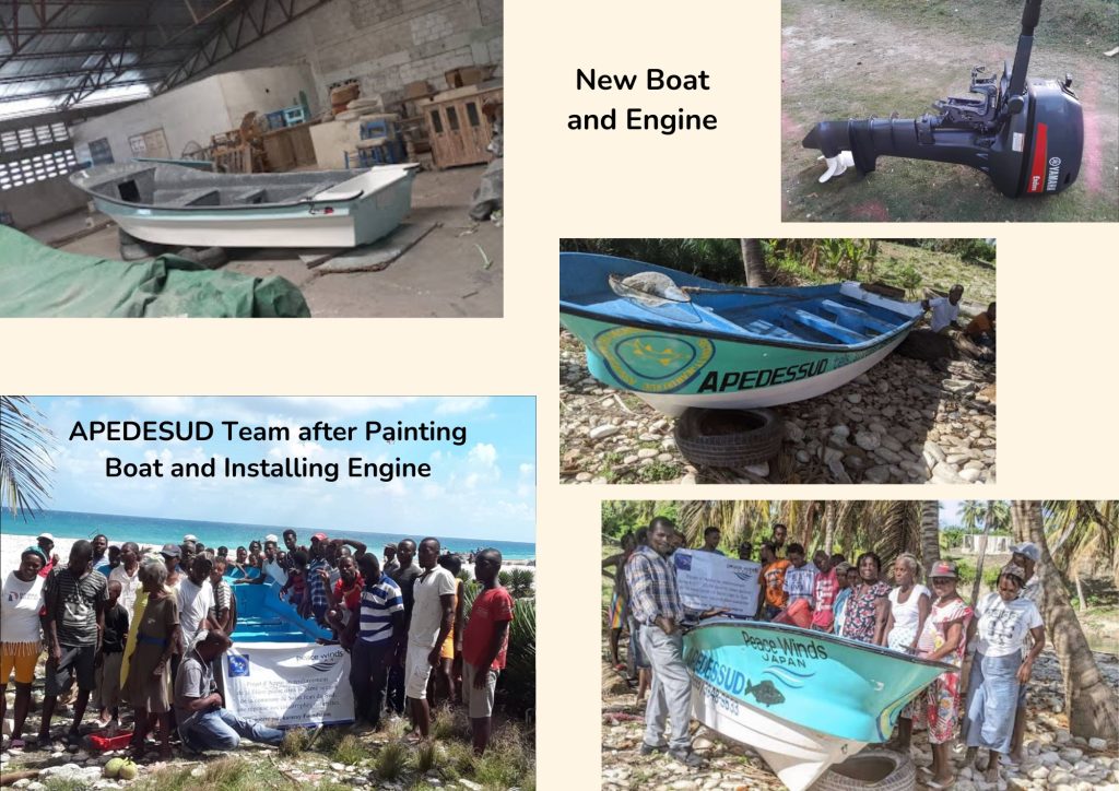 Collage of photos including a fishing boat before and after it was painted teal; a boat engine; and a group of Haitian men and women standing with the boat