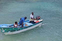 two Haitian men and one woman are in a small teal and white fishing boat surrounded by a clear blue ocean